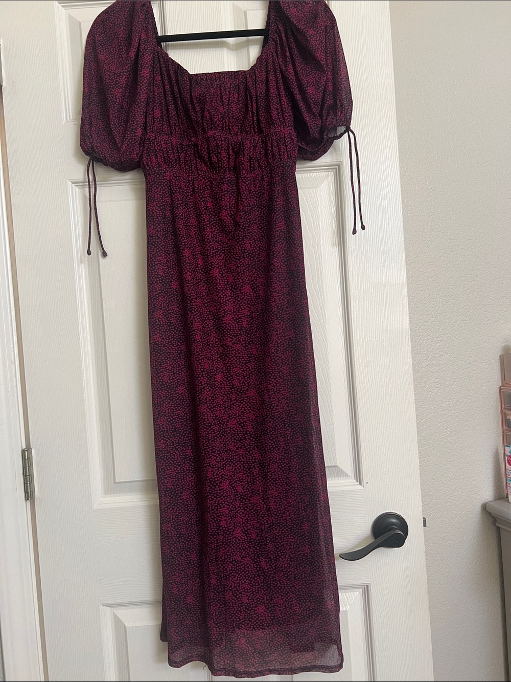 Puff Sleeve Midi Dress in Berry Microdot